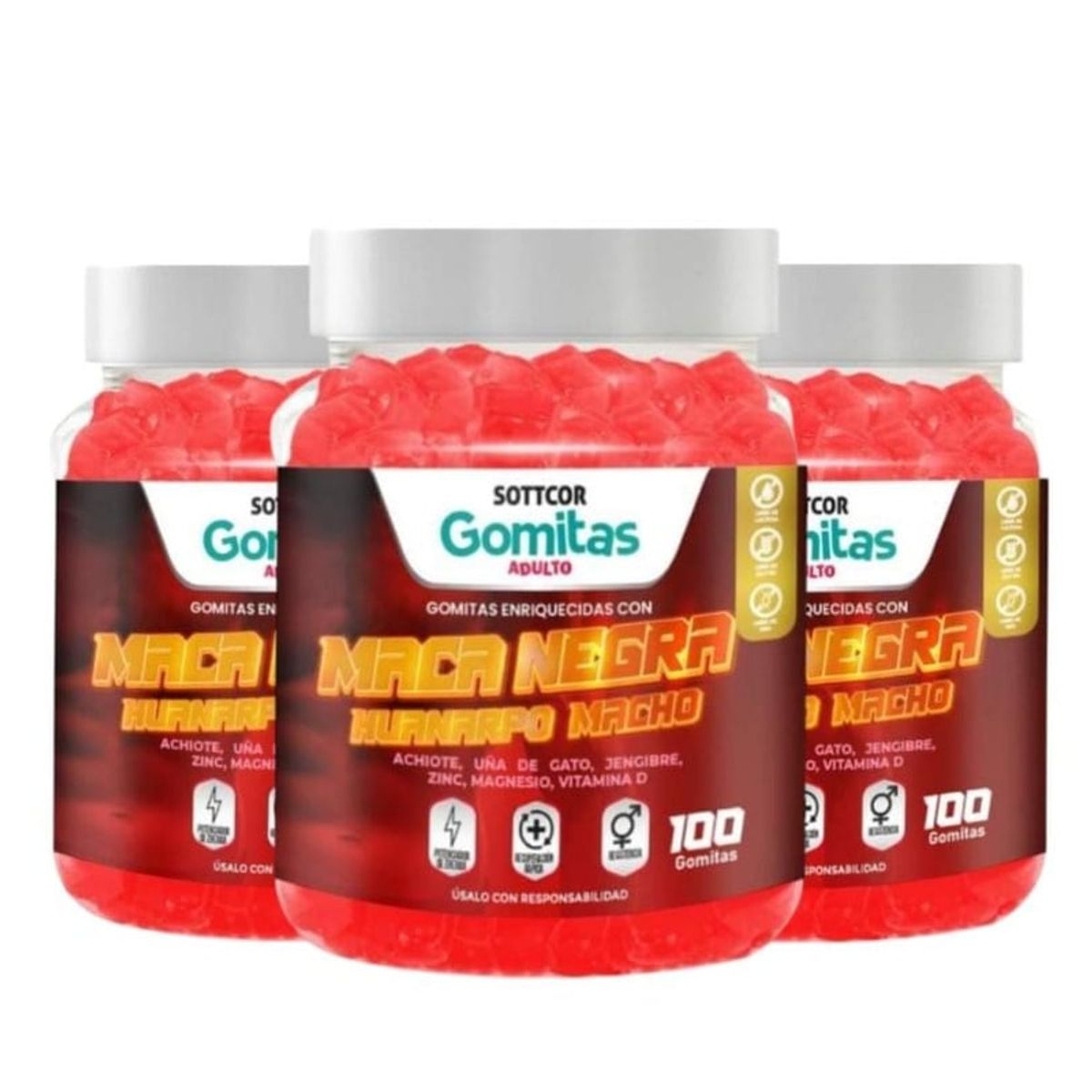 GENERICO - PACK 3 MACA NEGRA HUANARPO MACHO GOMITAS SOTTCOR 100 GR