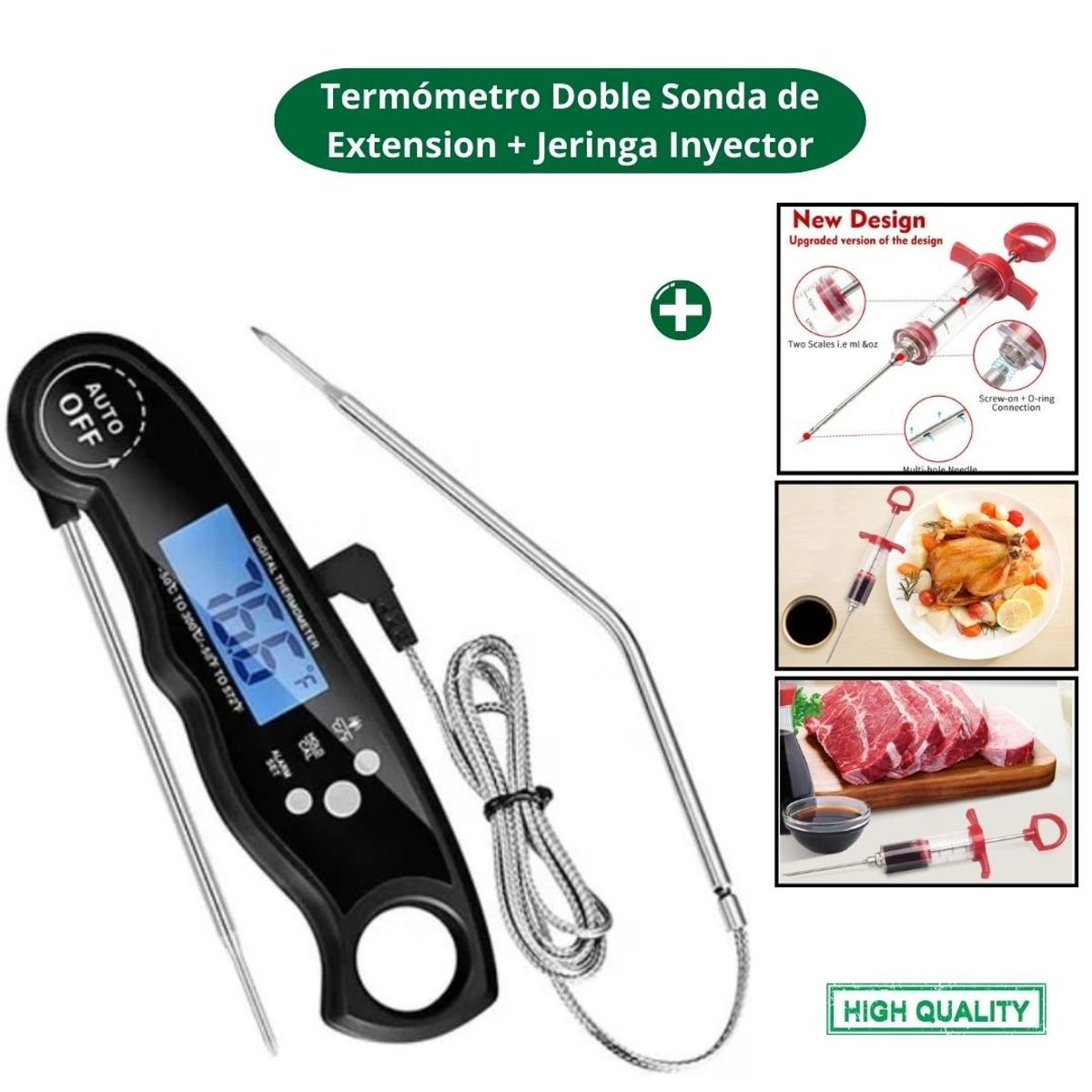 GENERICO - Termómetro de Cocina & Carnes Doble Sonda + Jeriga de Inyección