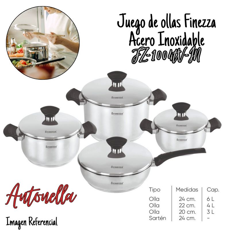 FINEZZA - Juego de Olla Finezza Acero Inoxidable 8 piezas - FZ-1004TS-IN
