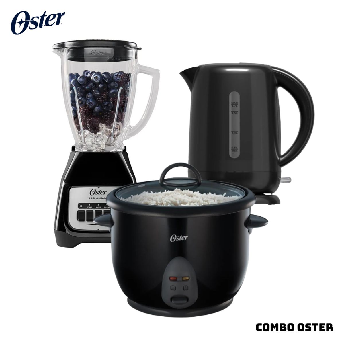 OSTER - COMBO OSTER ARROCERA + HERVIDOR + LICUADORA - NEGRO
