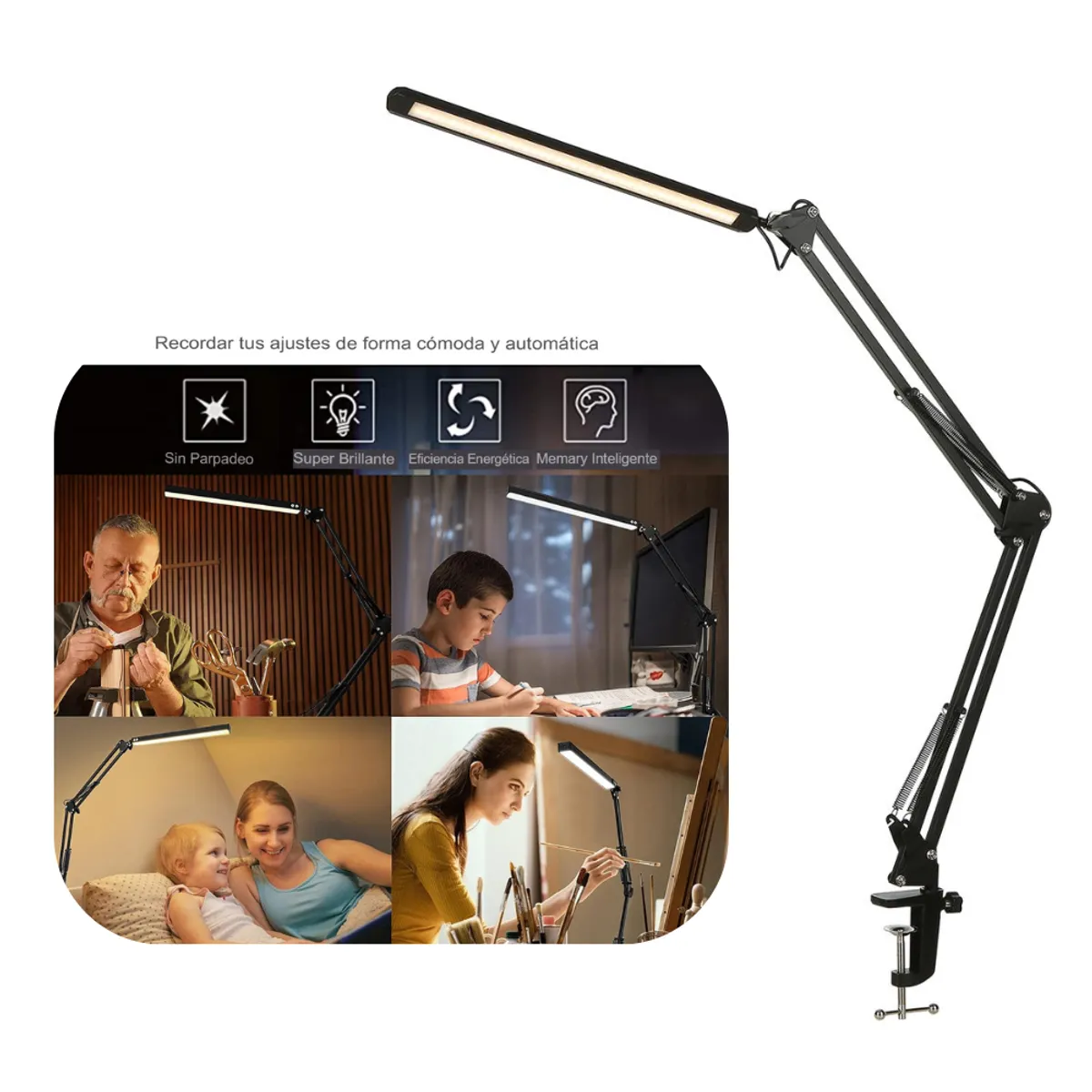 SEISA - Lampara Escritorio Led Estudio Ajustable Con Brazo Flexible