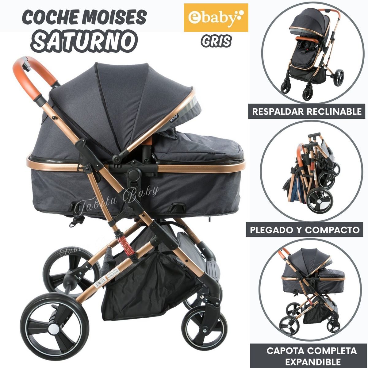 EBABY - Coche Cuna Moises Saturno Gris Ebaby
