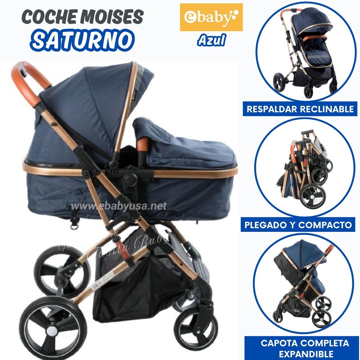 EBABY - Coche Cuna Moises Saturno Azul - Ebaby