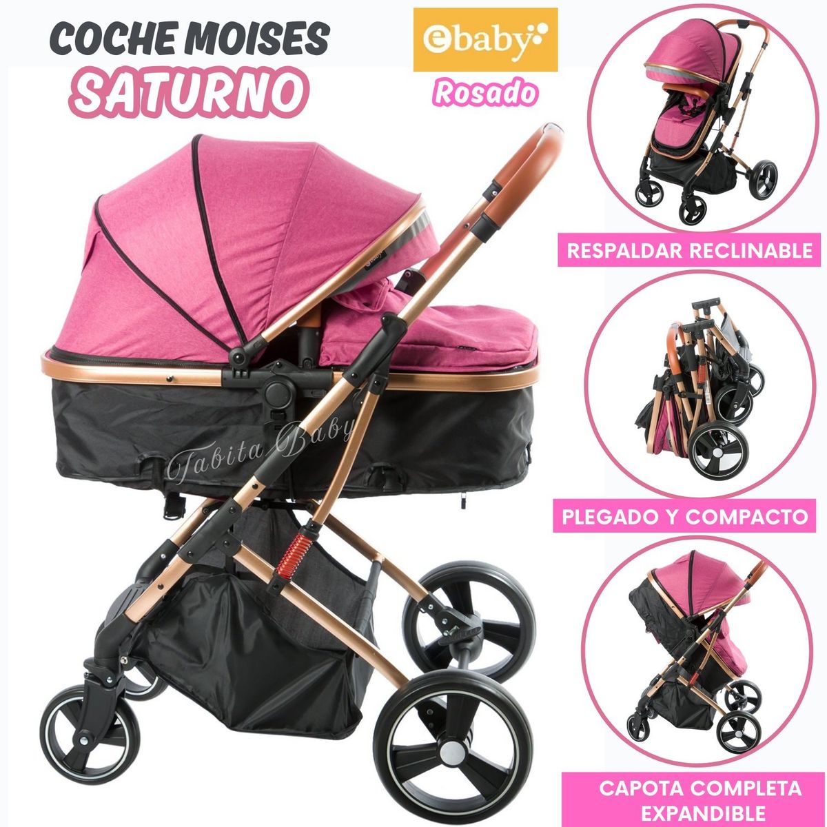 EBABY - Coche Cuna Moises Saturno Rosado - Ebaby