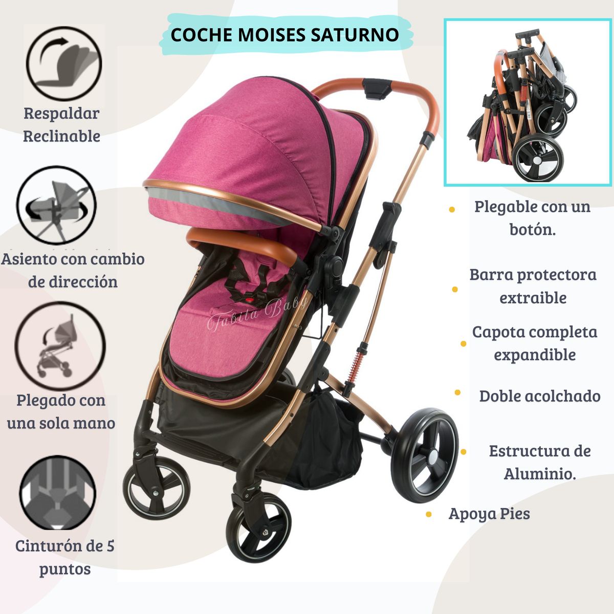 EBABY - Coche Cuna Moises Saturno Rosado - Ebaby