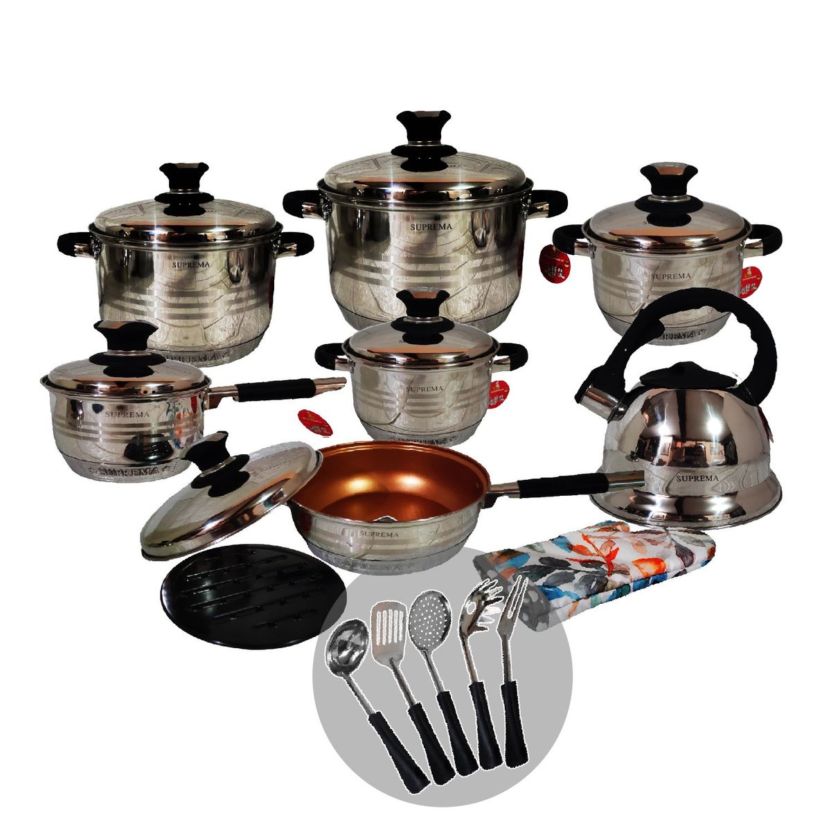 GENERICO - Set de Ollas SUPREMA SU-TC020 Tapas de Acero Negro mas Cucharones