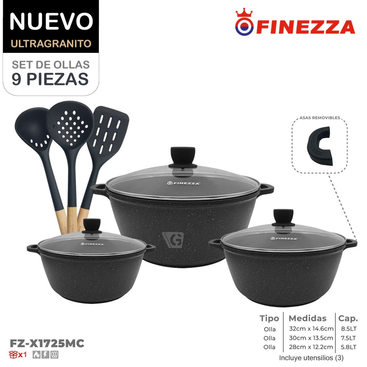 FINEZZA - Juego de Ollas Finezza Ultragranito FZ-X1725MC de 9 Pzas