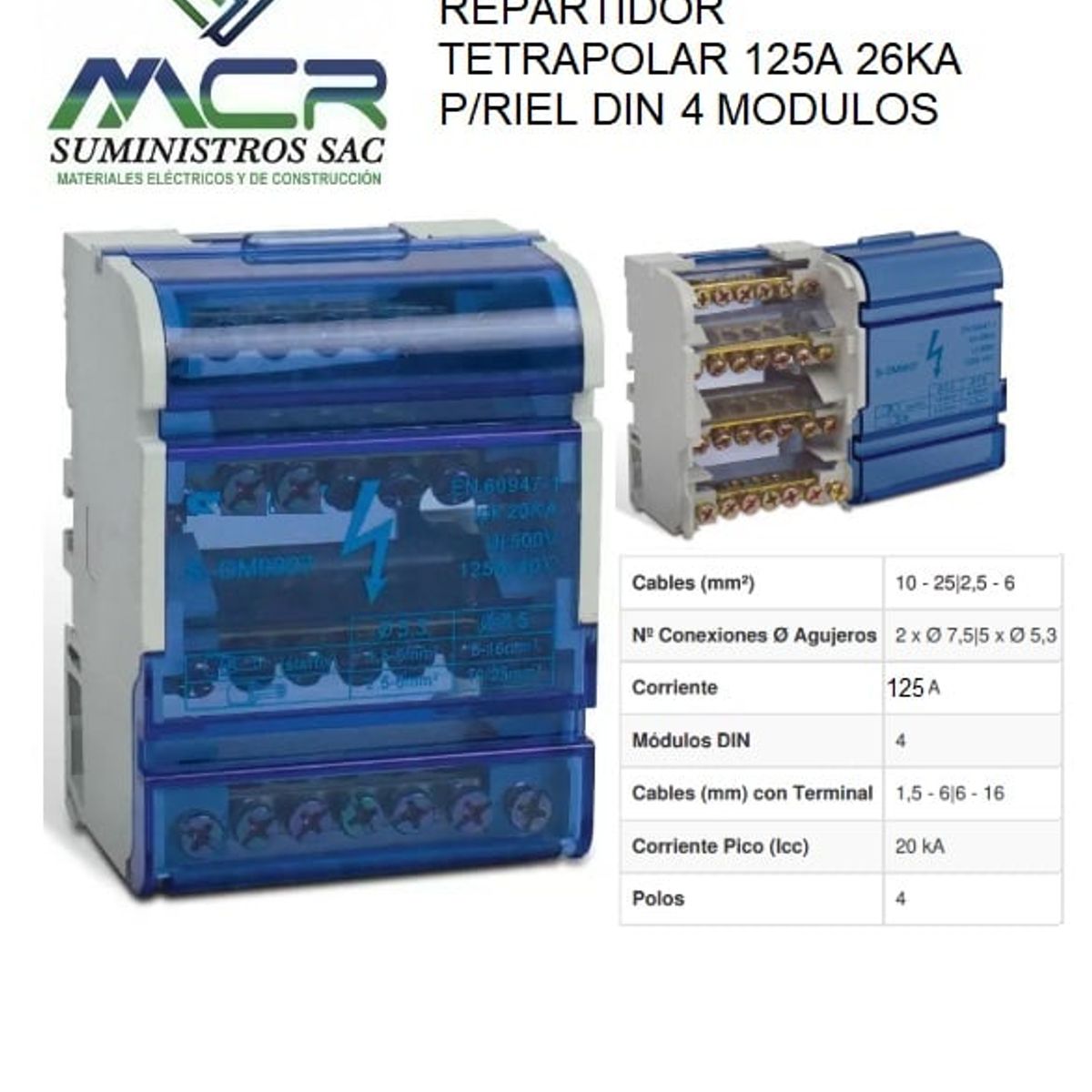 GENERICO - REPARTIDOR TETRAPOLAR 125A 20KA PARA RIEL DIN 4 MODULOS