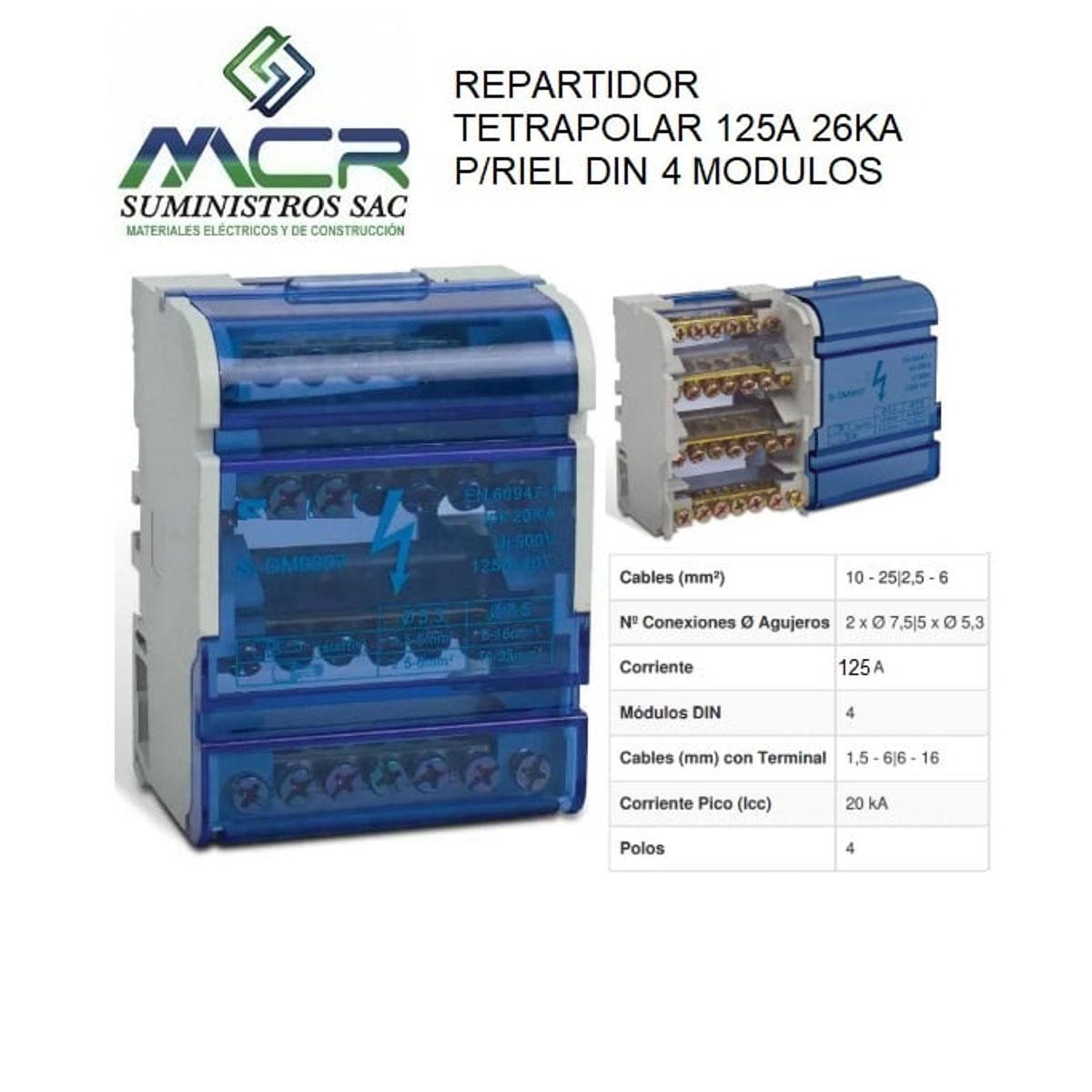 GENERICO - REPARTIDOR TETRAPOLAR 125A 20KA PARA RIEL DIN 4 MODULOS