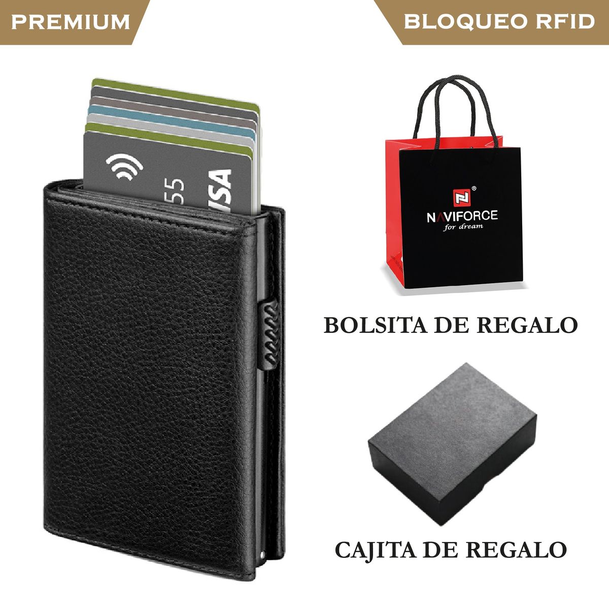 PREMIUM - Billetera Tarjetero Automático AntiRobo Smart Cuero Floater Negro RFID