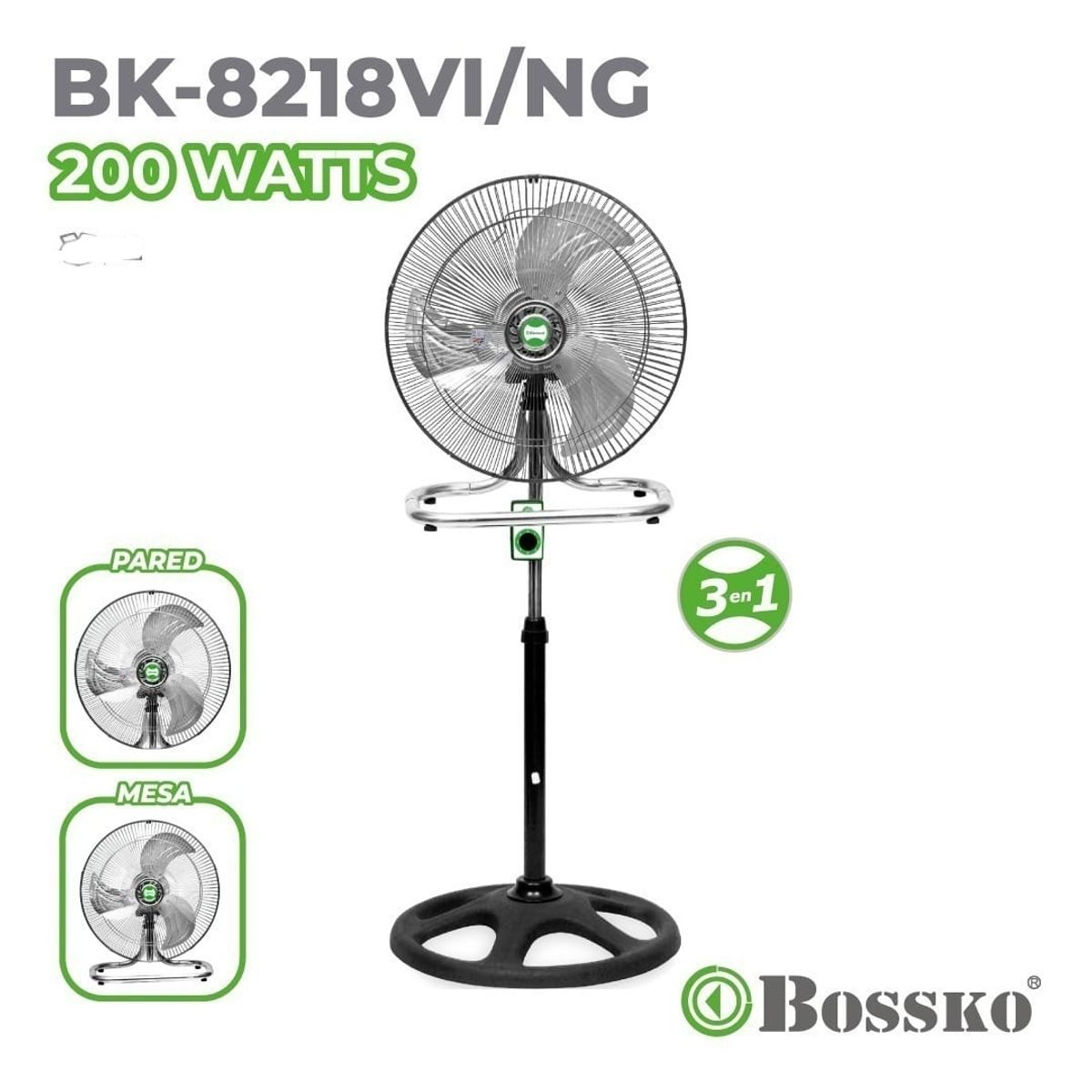 BOSSKO - VENTILADOR BOSSKO BK-8218VI/NG DE 3 ASPAS con MOTOR 200w - NEGRO