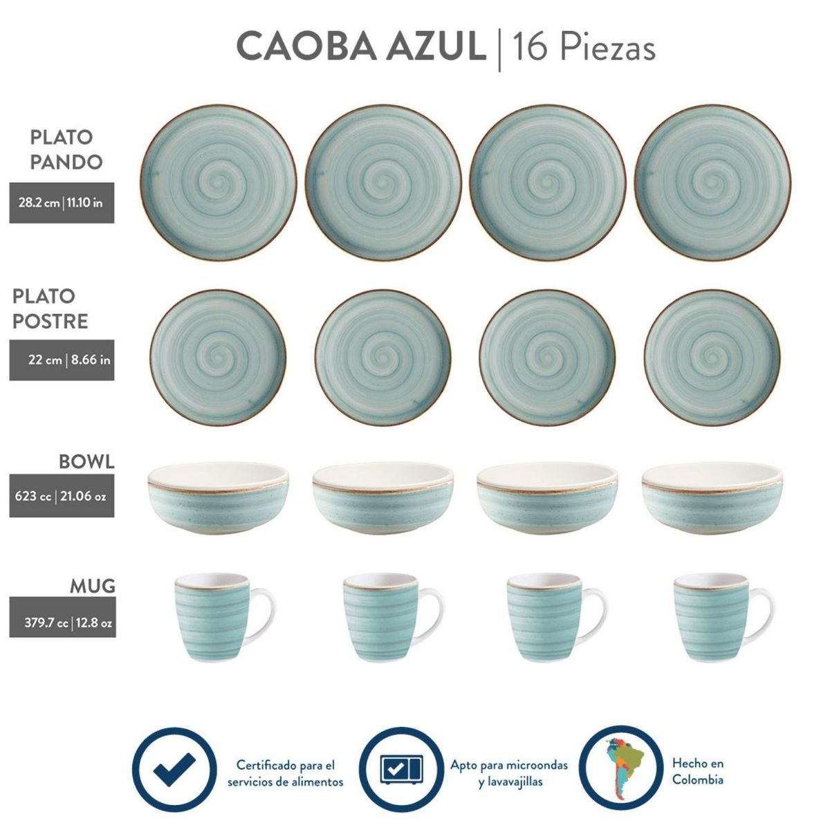 CORONA - Juego de Vajillas Caoba Azul 16 Piezas Corona