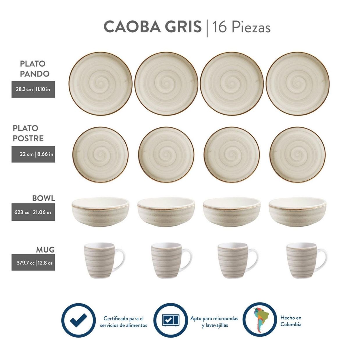 CORONA - Juego de Vajillas Caoba Gris 16 Piezas Corona