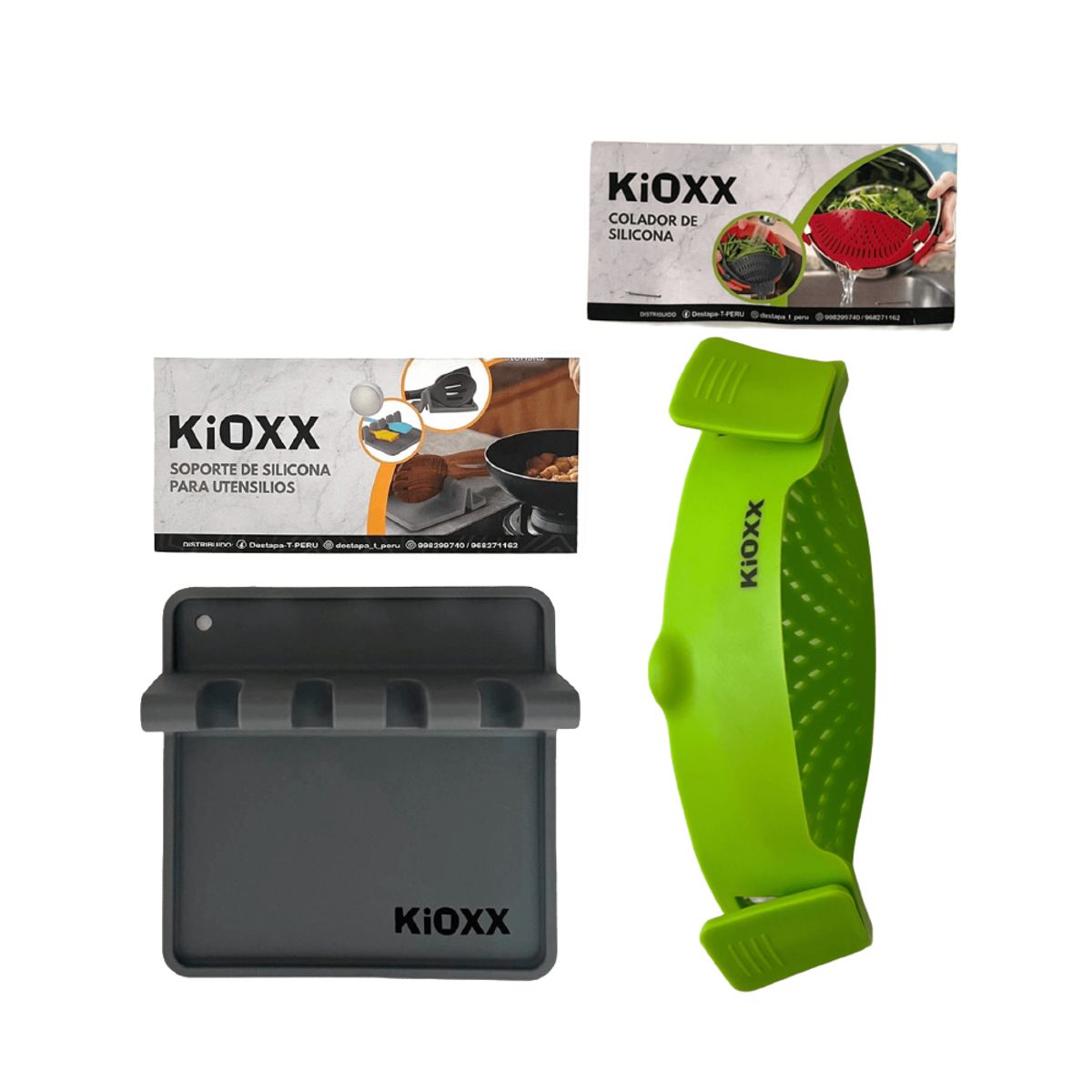 KIOXX - Pack Colador para Ollas Sartenes Ajustable + Soporte utensilios KiOXX