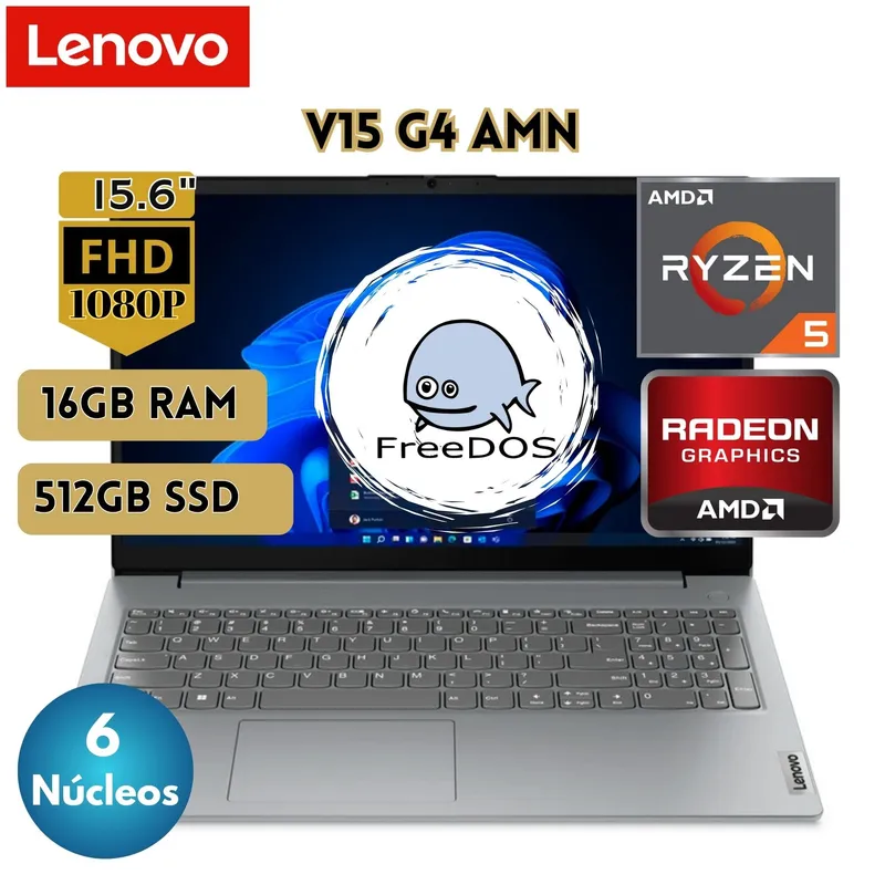 LENOVO - Laptop Lenovo V15 G4 AMN, 15.6" FHD TN, AMD Ryzen 5 7520U 16GB 512GB SSD FREEDOS