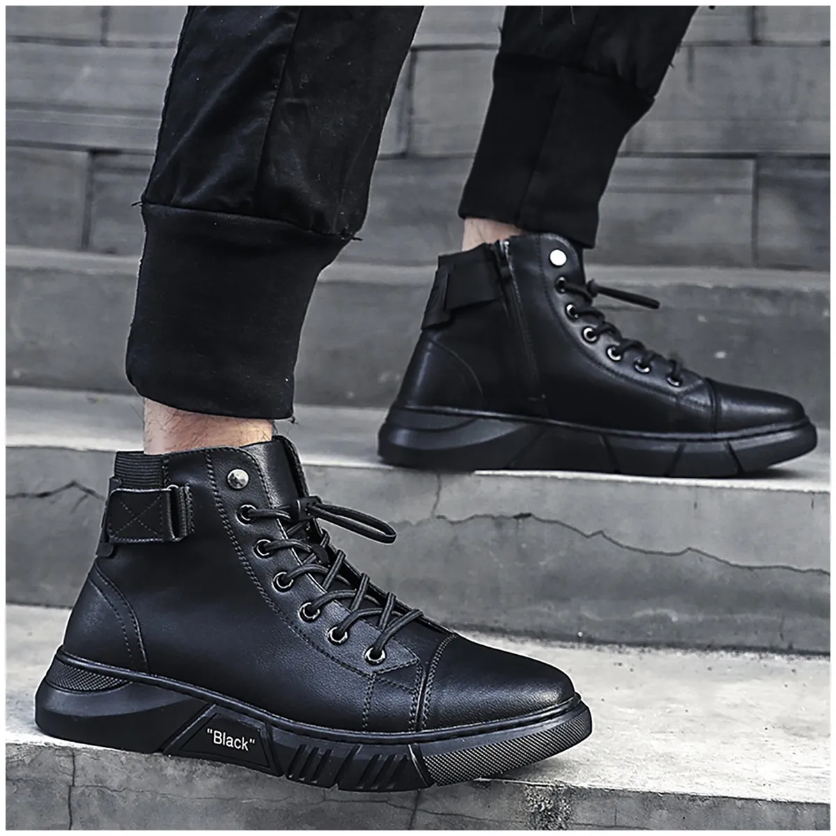 RINODERINA - Botines Casuales Zapatos Para Hombre Cosidos A Mano Negro