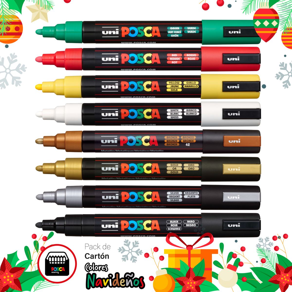 POSCA - POSCA Pack de Navidad PC-5M x 8 Marcadores Colores Navideños