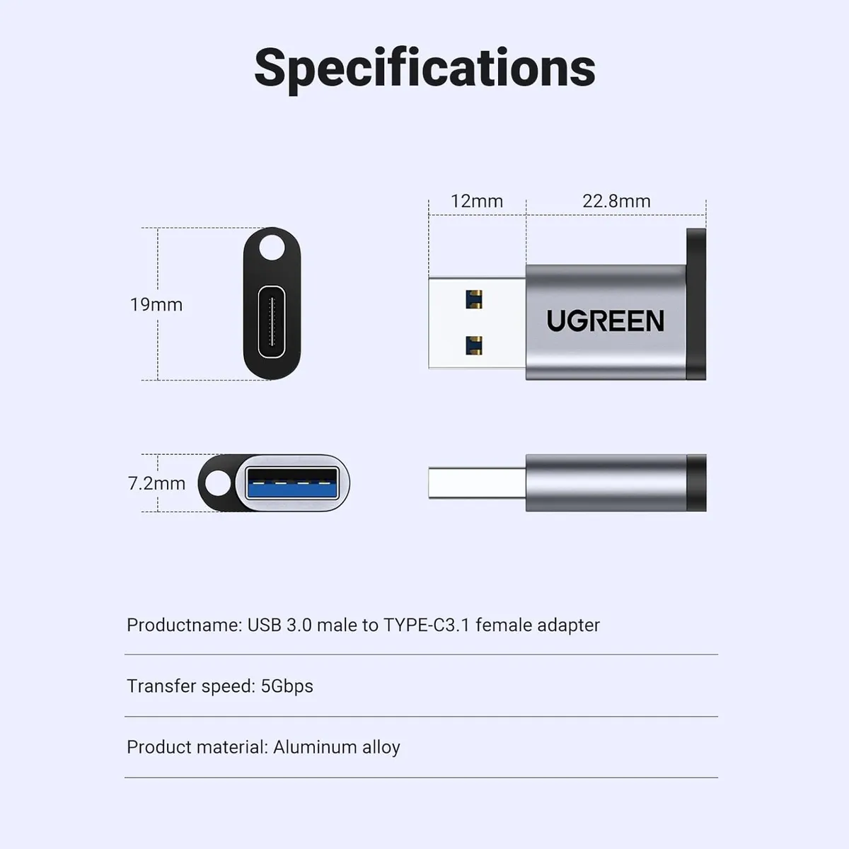 UGREEN - Ugreen Adaptador USB-C a USB-A 10Gbps Para Carga - 50533