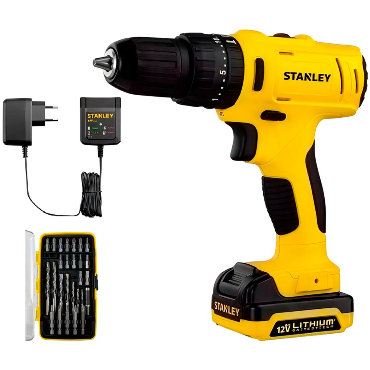 STANLEY - Taladro Inalámbrico 12V + Batería SCD121S1-B2 + Set 27 pz