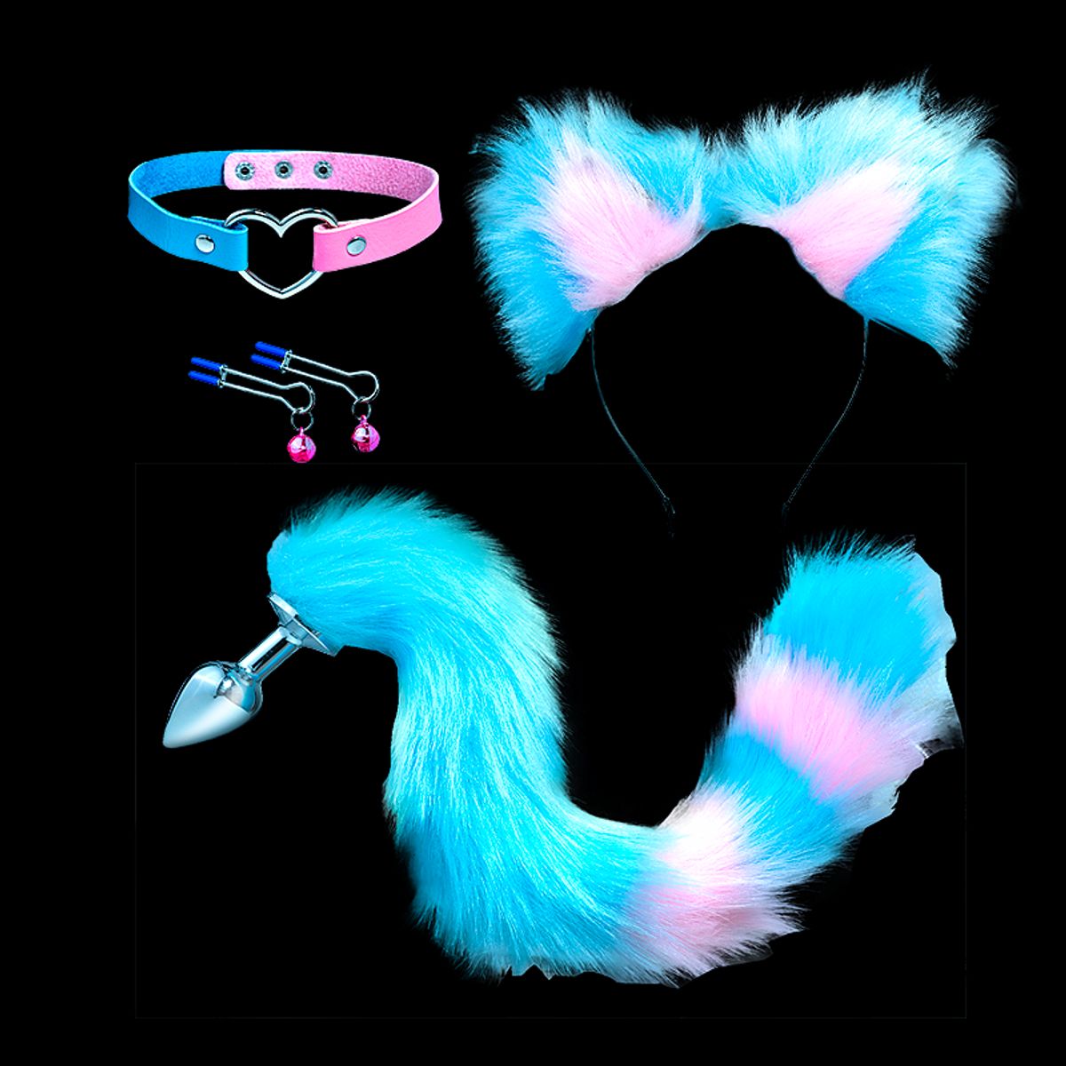 DR PINKY - Kit Bdsm Bondage Gatita Traviesa Collar Pinza Vincha Cola con Plug