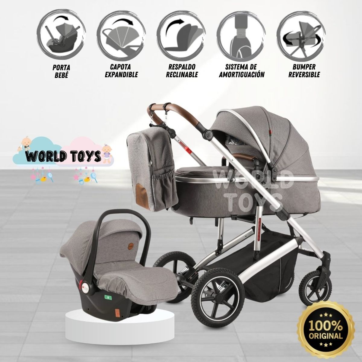 KIDDO - Coche Moisés de Lujo «MAULINE» Con Portabebé Gray