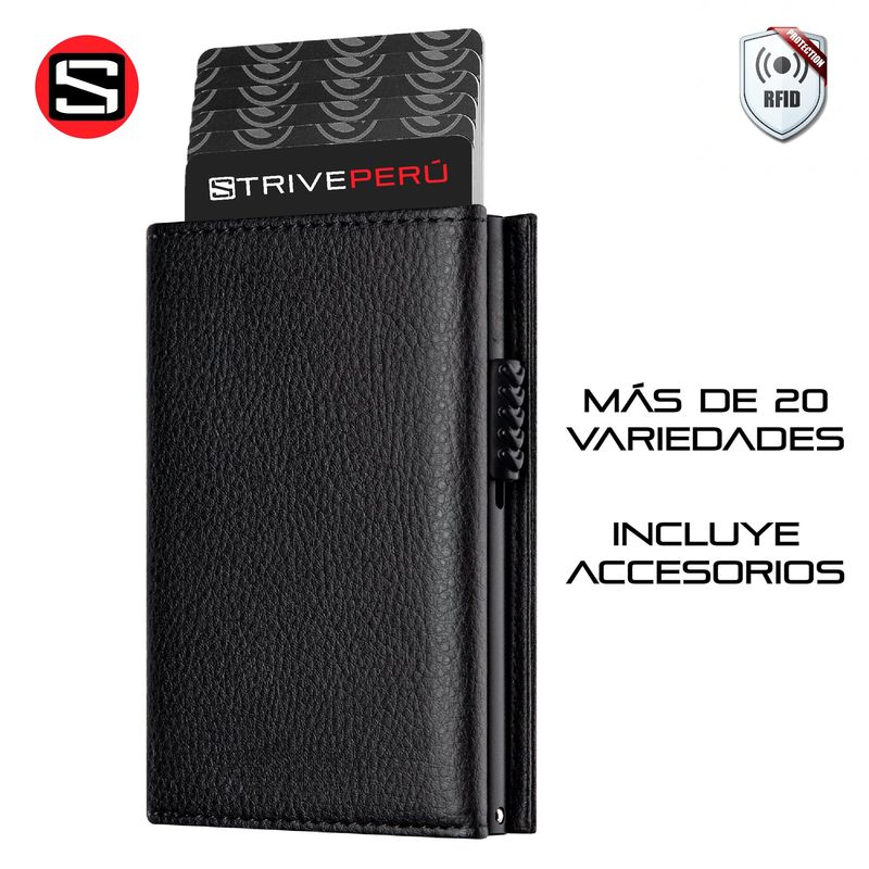 STRIVE - BILLETERA TARJETERO AUTOMÁTICO RFID CUERO TEXTURIZADO MATE NEGRO