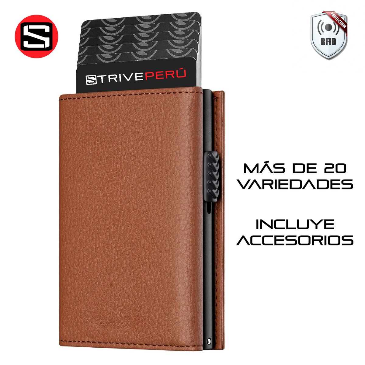 STRIVE - BILLETERA TARJETERO AUTOMÁTICO RFID CUERO TEXTURIZADO MATE MARRÓN
