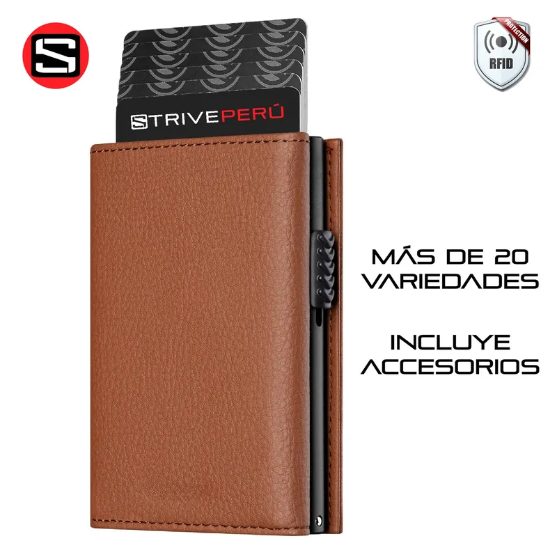 STRIVE - BILLETERA TARJETERO AUTOMÁTICO RFID CUERO TEXTURIZADO MATE MARRÓN