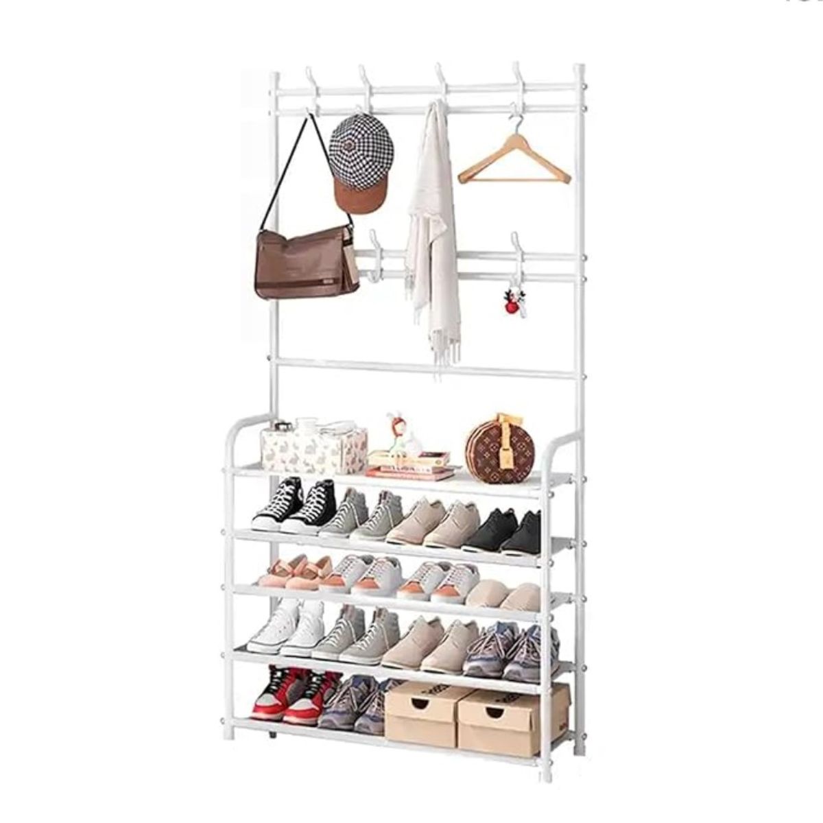 GENERICO - Estante Zapatos 5 Niveles Zapatera Metal + Perchero Organizador Blanco