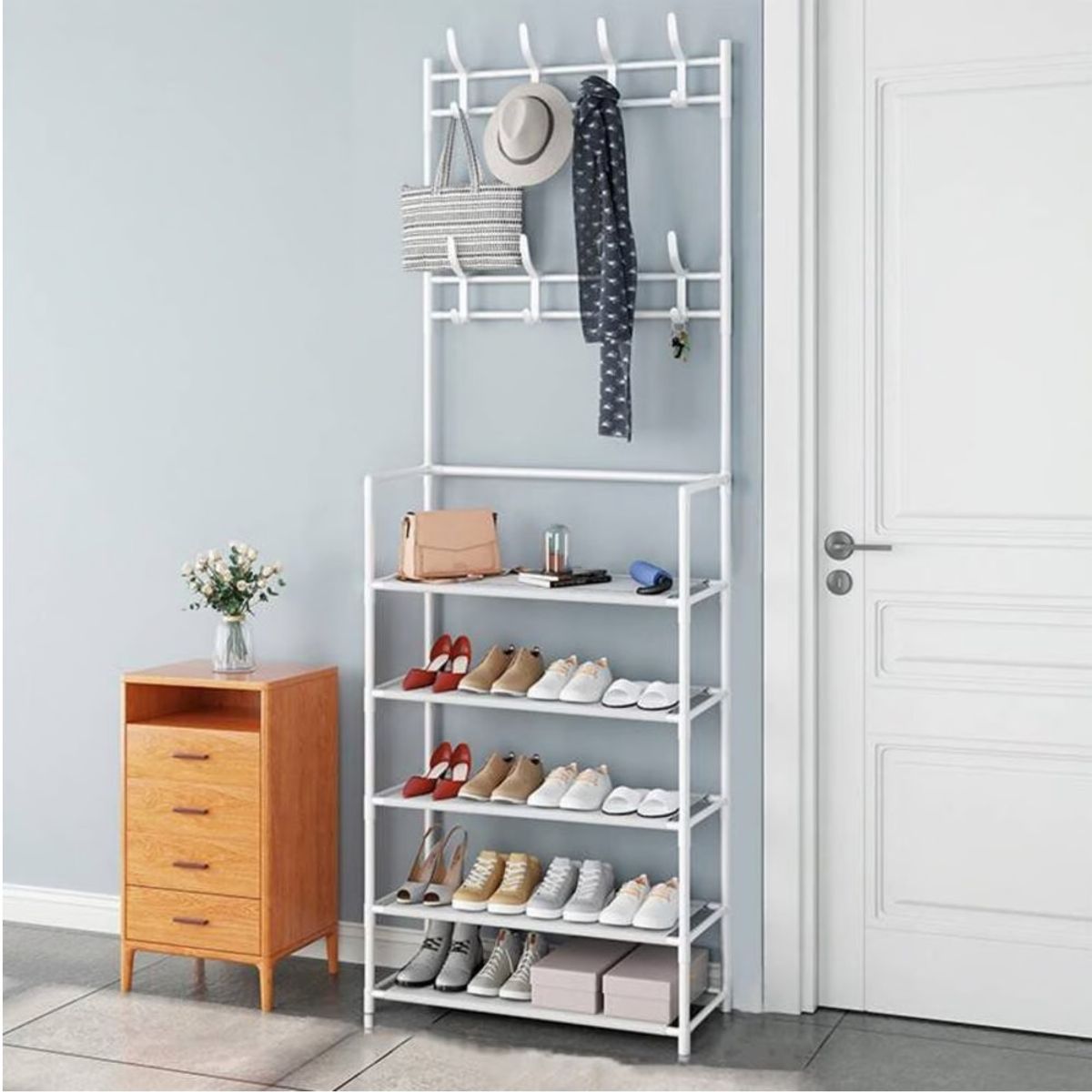 GENERICO - Estante Zapatos 5 Niveles Zapatera Metal + Perchero Organizador Blanco