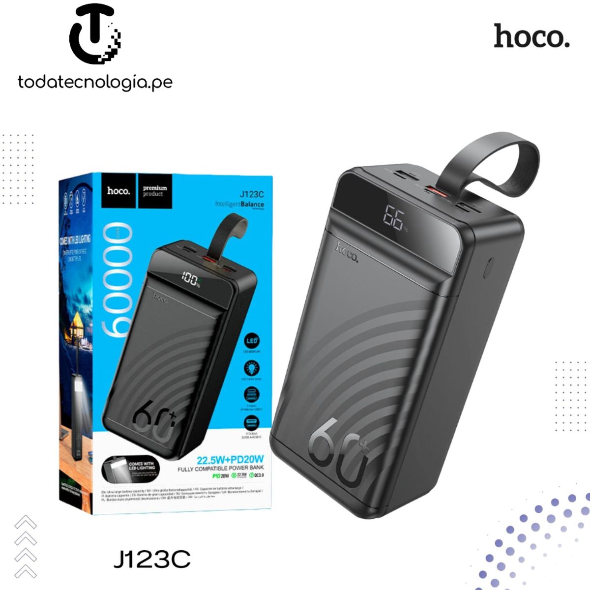 HOCO - Power bank Carga rápida HOCO J123C con linterna LED 60000 mAh