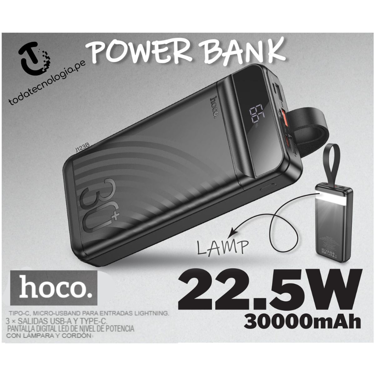 HOCO - Power Bank Hoco J123B Element 22.5W+PD20W pantalla digital 30000 mAh