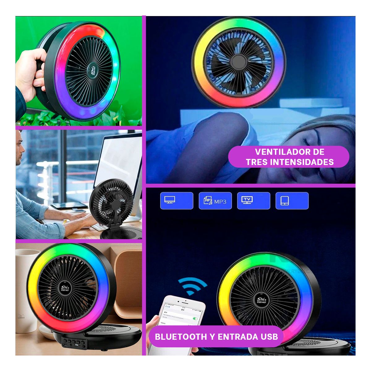 GENERICO - Bocina con Ventilador en Negro Y+Regalo Ligas para Peinar