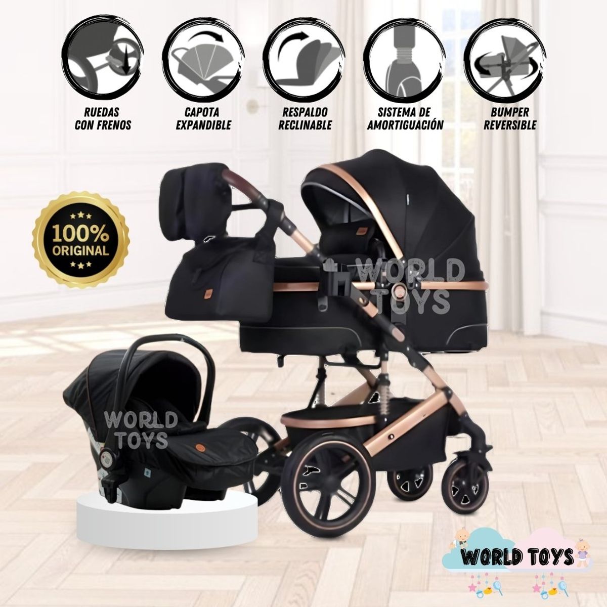 KIDDO - Coche Moisés de Lujo «SPLENDOR» Con Portabebé Black