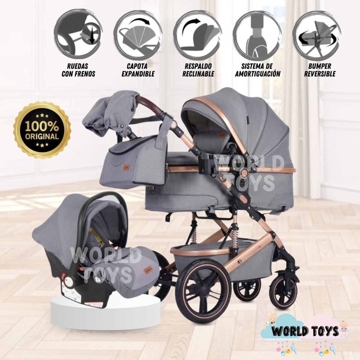 KIDDO - Coche Moisés de Lujo «SPLENDOR» Con Portabebé Gray