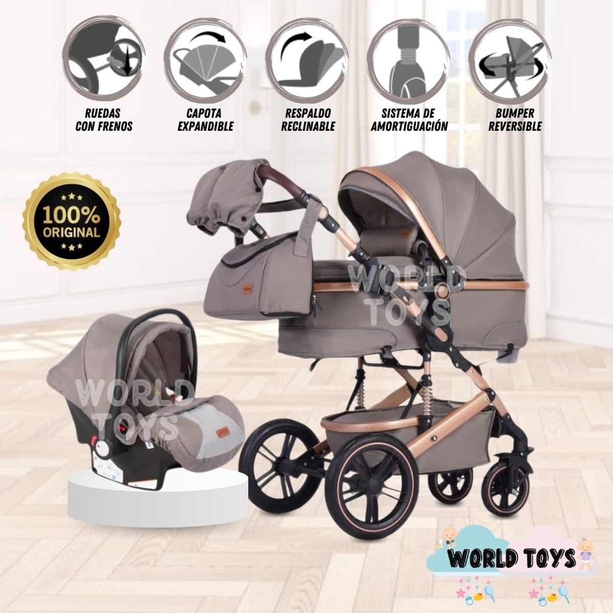 KIDDO - Coche Moisés de Lujo «SPLENDOR» Con Portabebé Beige