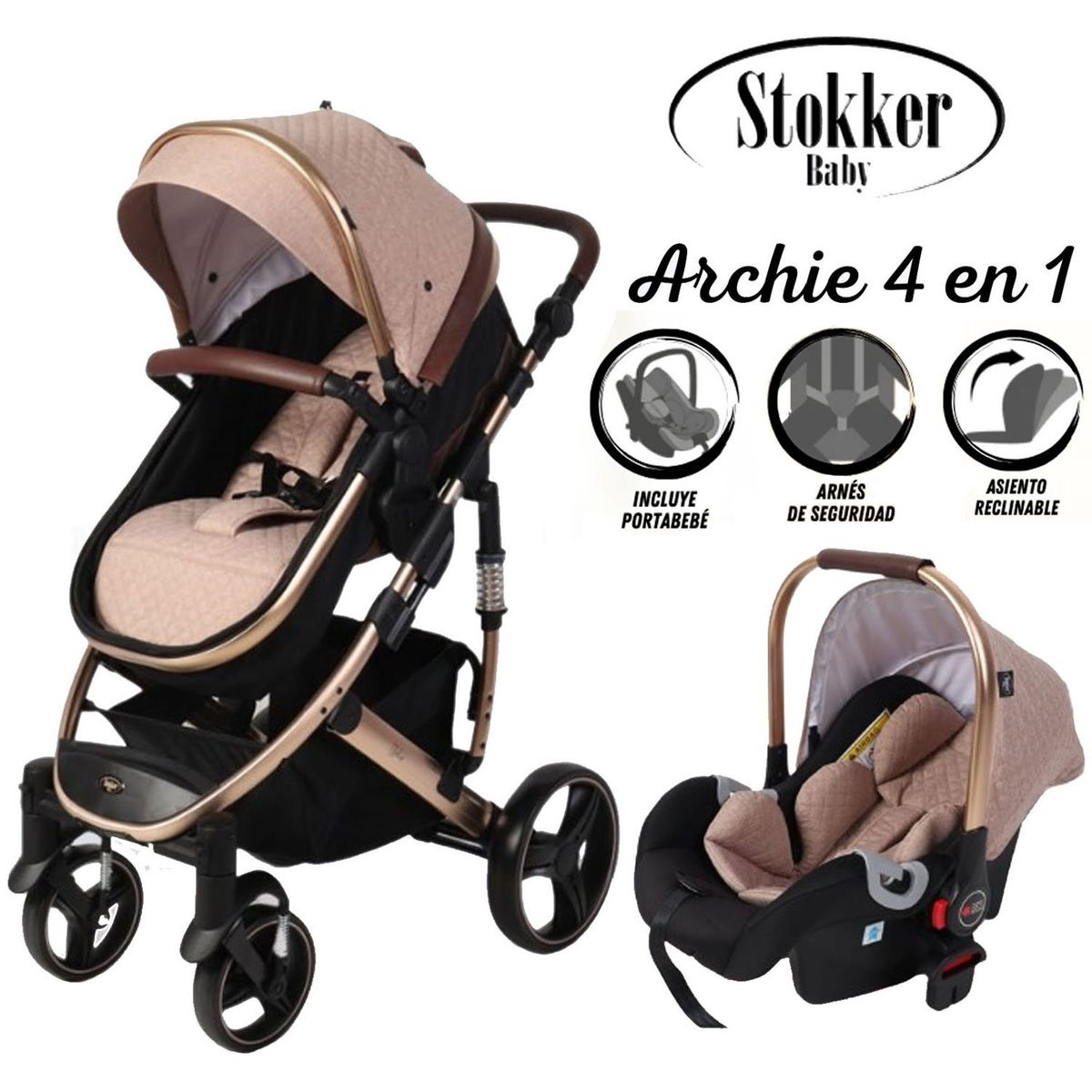 STOKKER BABY - Coche Moises de Lujo 4 en1 Con Porta Bebé Stokker Baby Beige