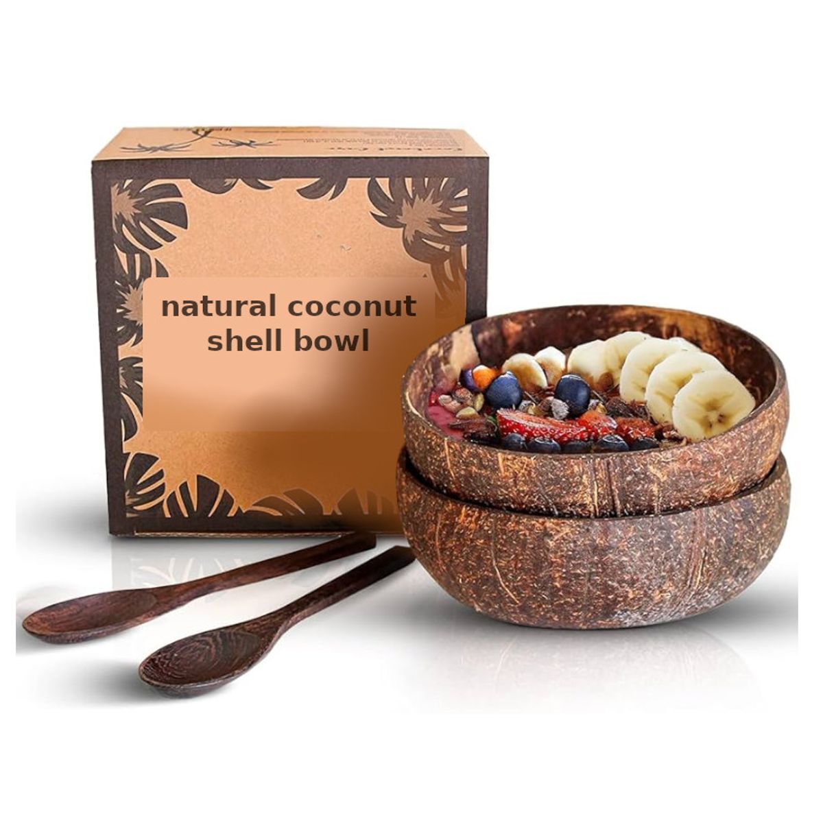 GENERICO - Pack 4 pzas Cuenco Bowls Plato Coco Natural Set Vajilla + Cubiertos En Caja