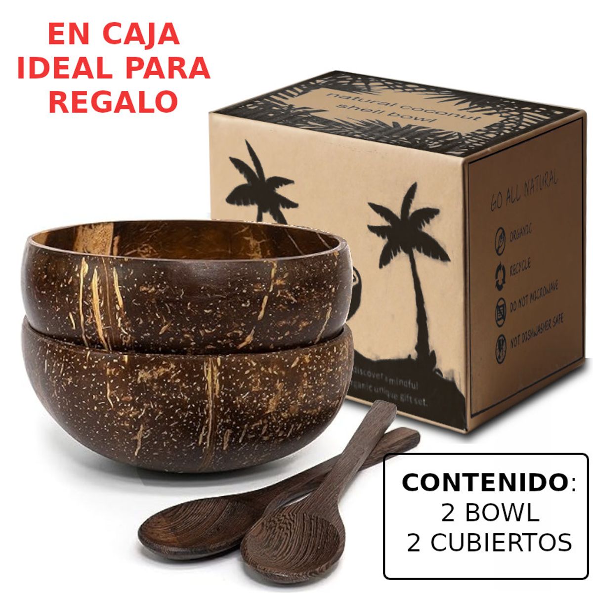 GENERICO - Pack 4 pzas Cuenco Bowls Plato Coco Natural Set Vajilla + Cubiertos En Caja