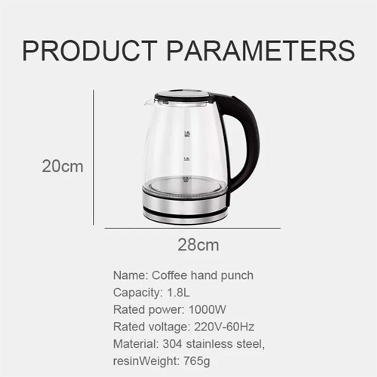 GENERICO - Hervidor De Vidrio Transparente 1.8 Litros Jarra De Agua Electrico