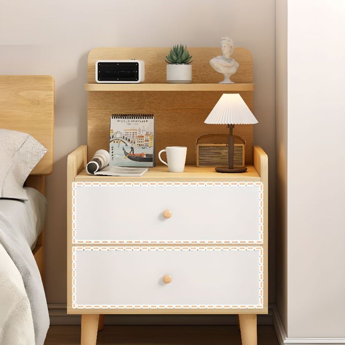 GENERICO - Velador Larissa 2 Cajones - Marrón y Blanco