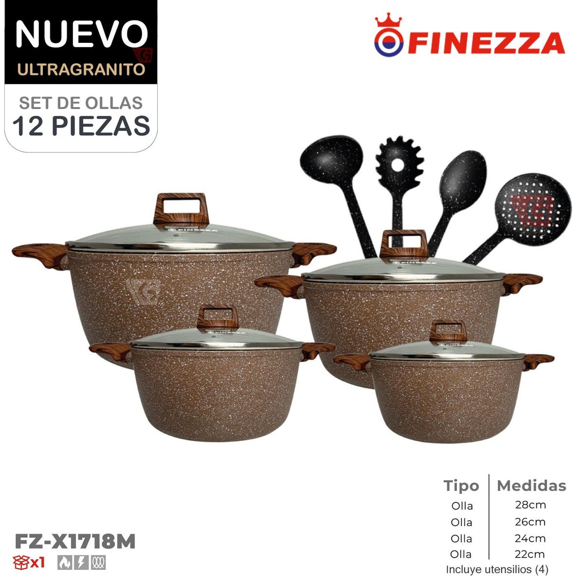FINEZZA - Juego de Ollas Finezza Ultra granito FZ-X1718M de 12 Pzas