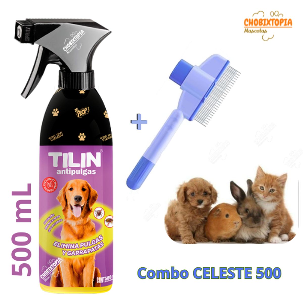 GENERICO - ANTIPULGAS "TILIN" FRASCO x 500 Ml + PEINE (COMBO CELESTE 500)