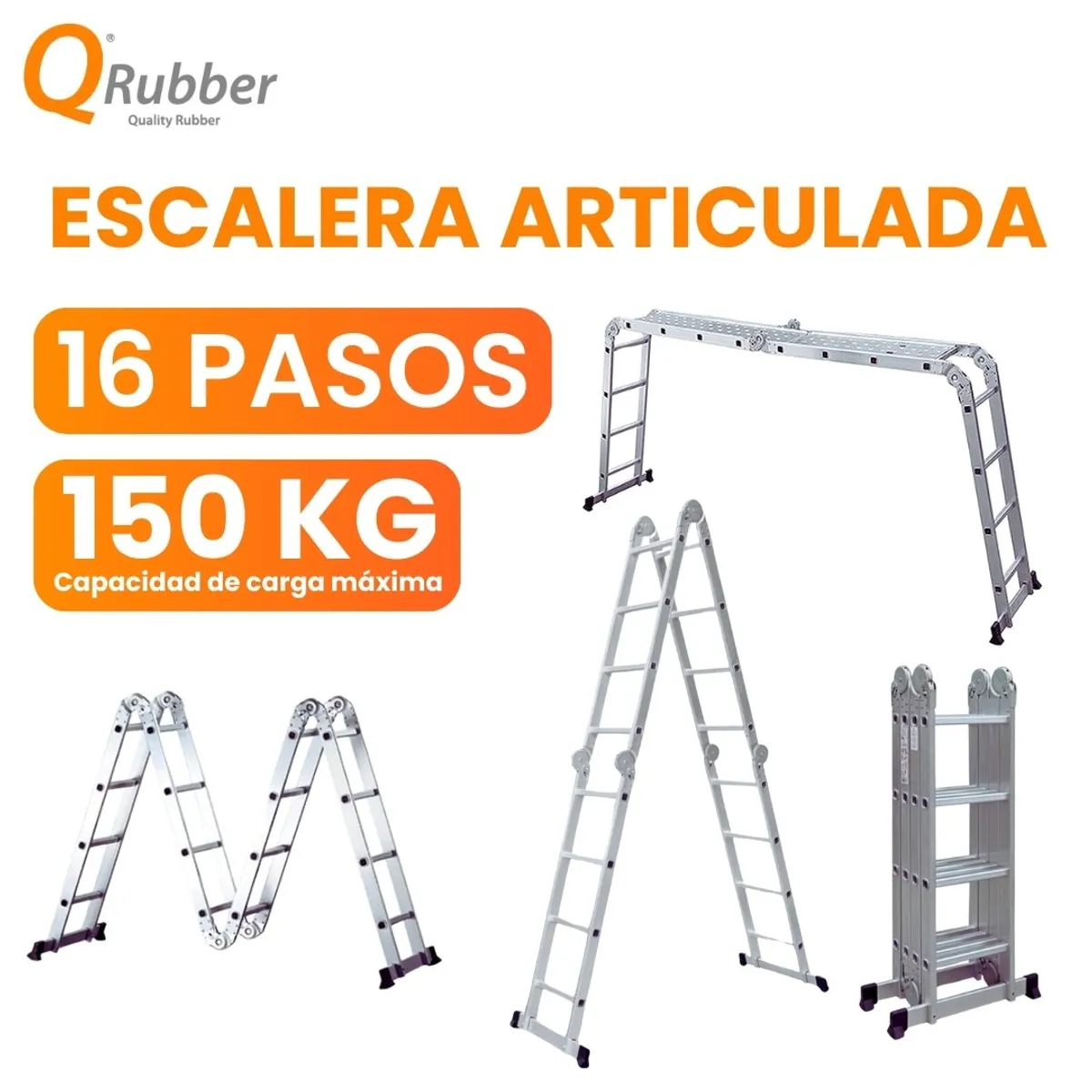 QRUBBER - Escalera multiposición articulada aluminio 16 peldaños 4.6 M - QRubber