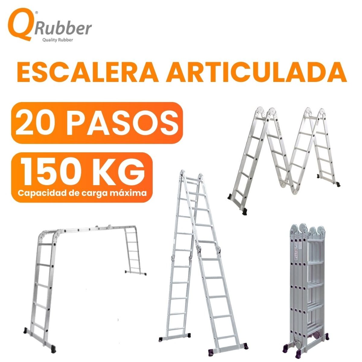 QRUBBER - Escalera multiposición articulada aluminio 20 peldaños 5.7 M - QRubber