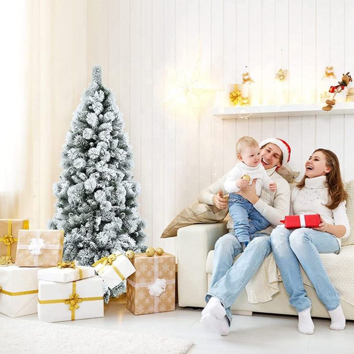 GENERICO - COMBO ARBOL NAVIDEÑO PREMIUM NEVADO 1.80m + 24 BOLAS ROJO + LUCES MU