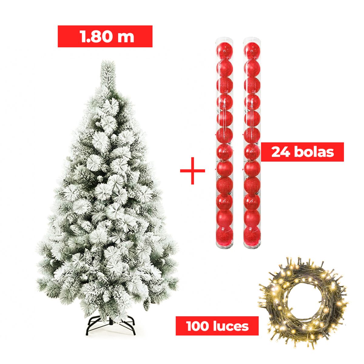 COMBO ARBOL NAVIDEÑO PREMIUM NEVADO 1.80m + 24 BOLAS ROJO + LUCES AM, marca GENERICO - Foto 2