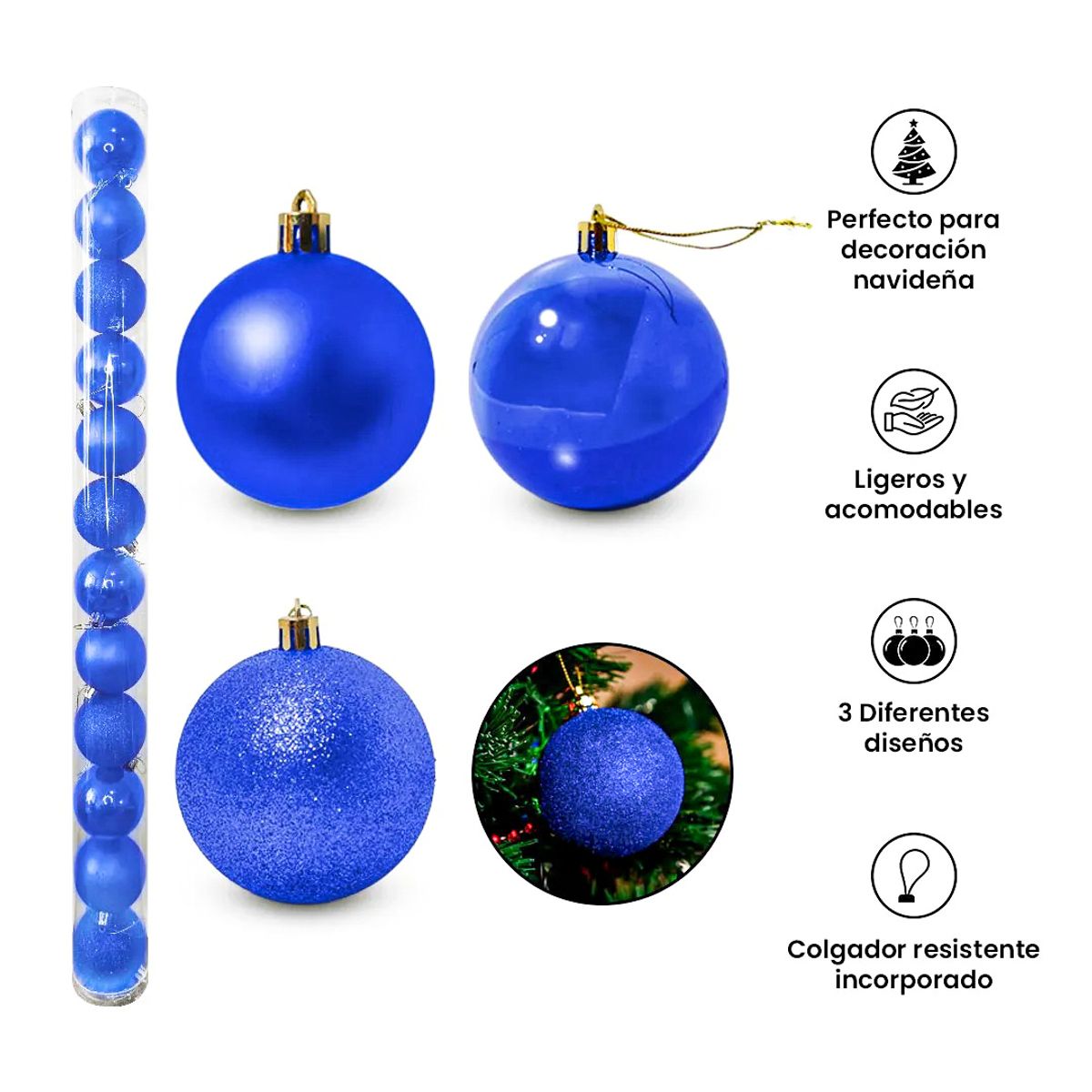 GENERICO - COMBO ARBOL NAVIDEÑO PREMIUM NEVADO 1.80m + 24 BOLAS AZUL + LUCES AM