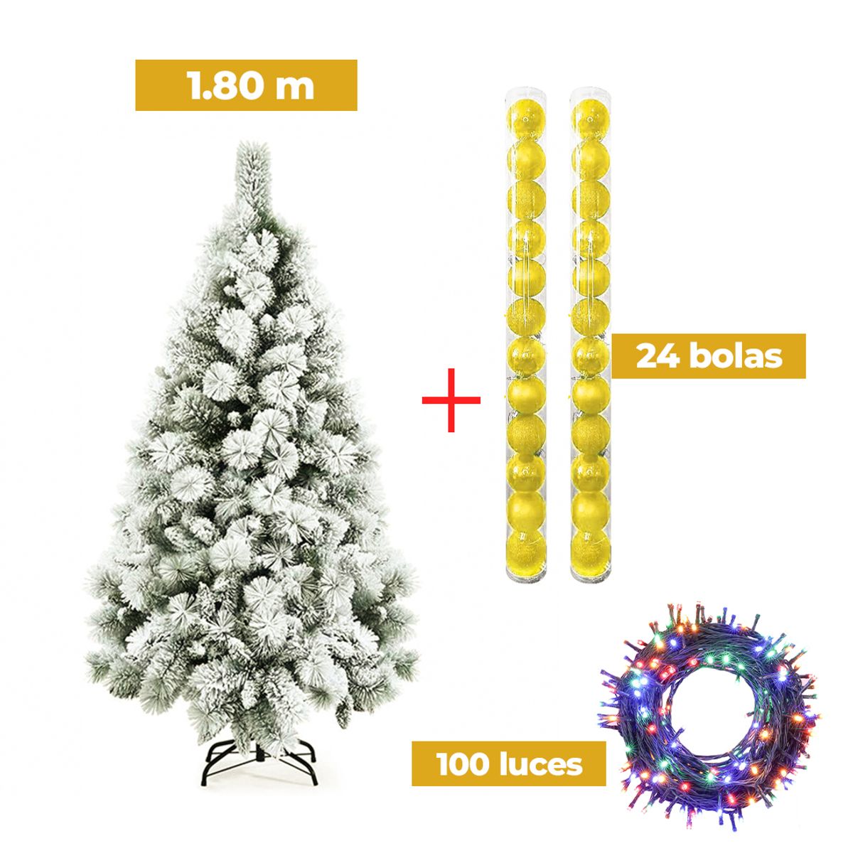 GENERICO - COMBO ARBOL NAVIDEÑO PREMIUM NEVADO 1.80m + 24 BOLAS DORADO + LUCES MU