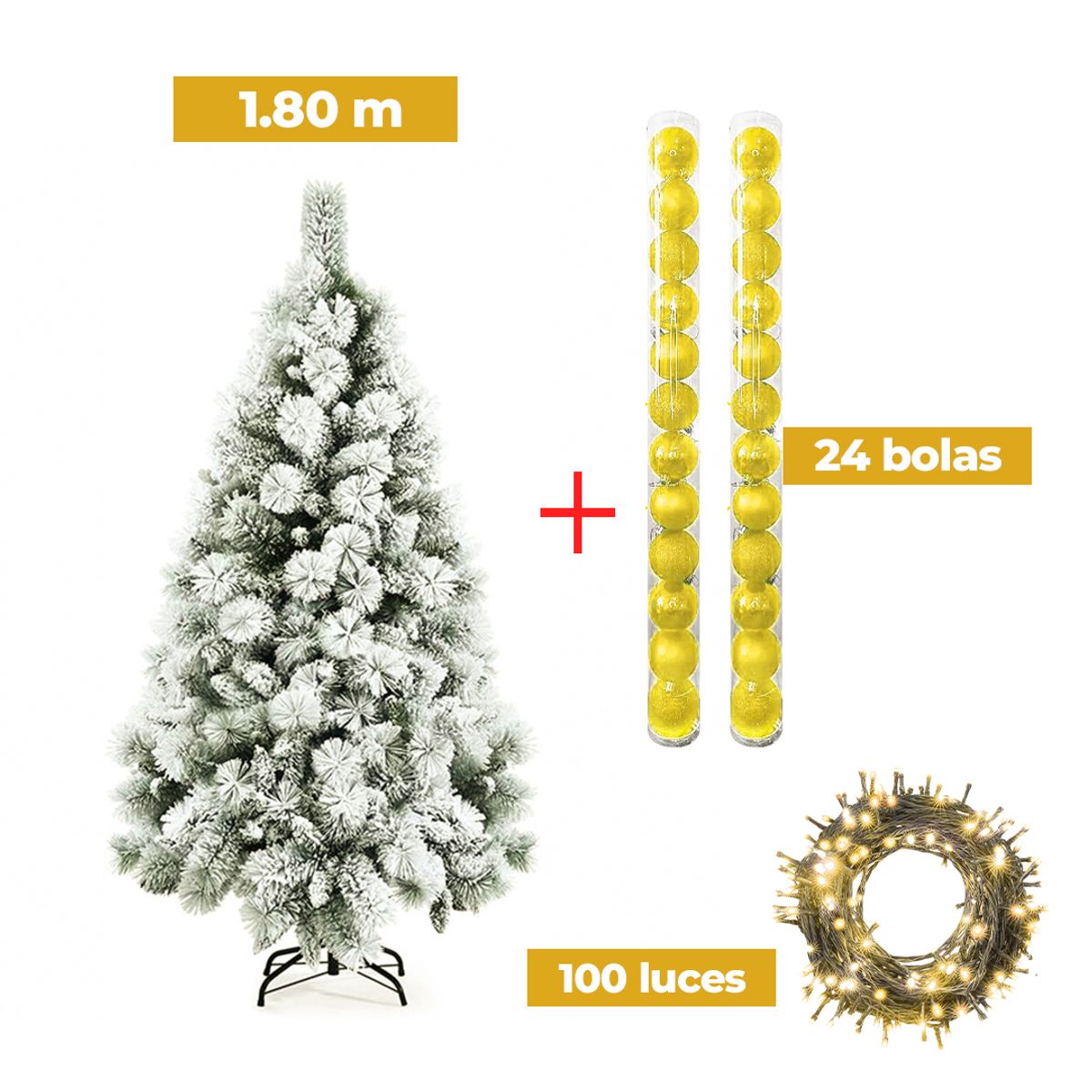 GENERICO - COMBO ARBOL NAVIDEÑO PREMIUM NEVADO 1.80m + 24 BOLAS DORADO + LUCES AM